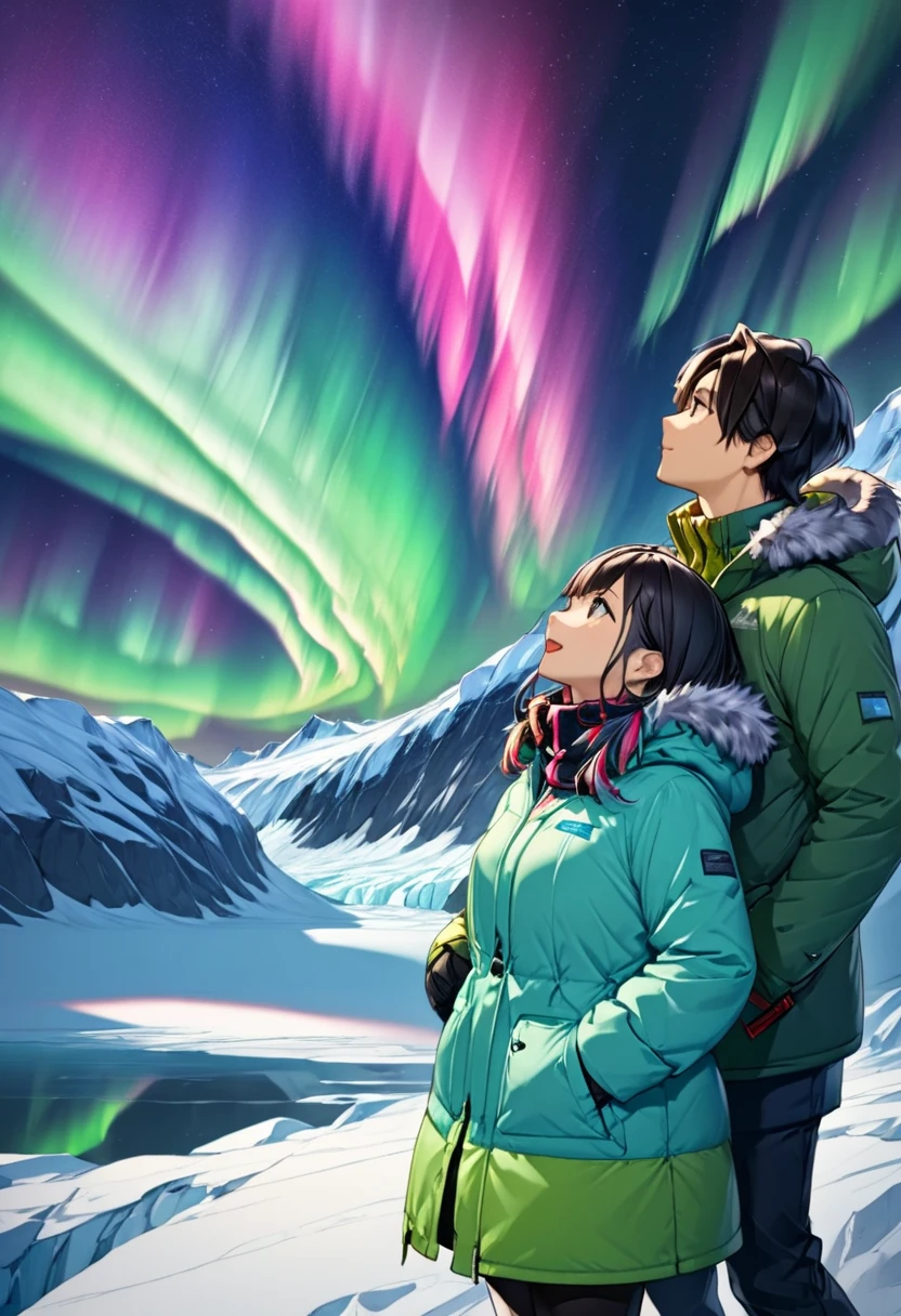 Aurora over a glacier , Couple in warm clothes looking up at the auroras , youth"Asuka"and dark-haired woman "Haruna"