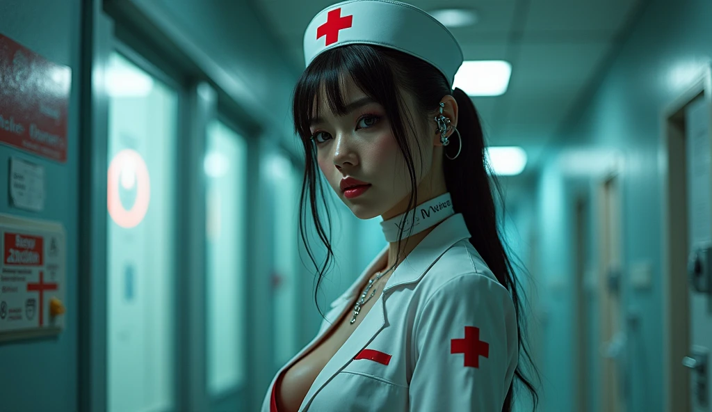 cyberpunk Hospital, Working in a hospital with the most advanced technology、A very stylish and beautiful female cyborg nurse, (holding a big syringe_With your arms raised above your head, armpit exposure: 1.7), ((Nurse uniform exposed, Nurse&#39;s hat and red cross symbol: 1.7)), Complex Machinery Parts, Glowing cybernetic enhancements, perfect skin, delicate facial features, beautisaturatedy detailed eyes, pointed nose, saturated, beautisaturatedy detailed lips, long eyelashes, very detailed eyes and face, muscular, Perfect and ideal proportions, big, tight waist, big ass, fascinating look, Six-pack, navel, Tattoo, Shadowless Light, Moody yet dynamic atmosphere, dramatic lighting, structure of the film, vivid colors, Sophisticated futuristic armor, Elegant Pose, piercing, (best quality, 4K, 8k, high resolution, masterpiece: 1.2), very detailed, (realistic, realistic, realistic: 1.37), Complex machinery, advanced technology, Dynamic action, dramatic shadows, movie angle, Intense expression, dramatic lighting, Neon Highlights, complex pattern, Future-proof environment, very detailed faces, structure of the film, dynamic pose, A tense atmosphere, rich colors, Advanced Weapons, cyberpunk, sf, digital art, Mecca,