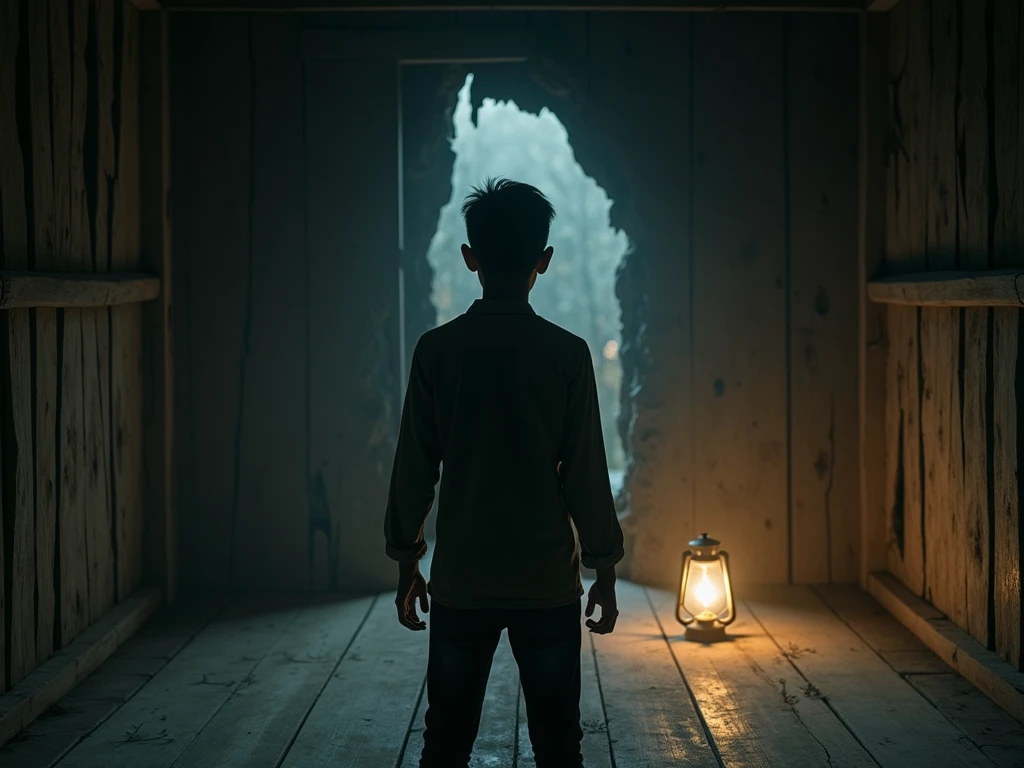 A teenage boy standing in a wooden cabin with symbols on the walls black and white horror scene 