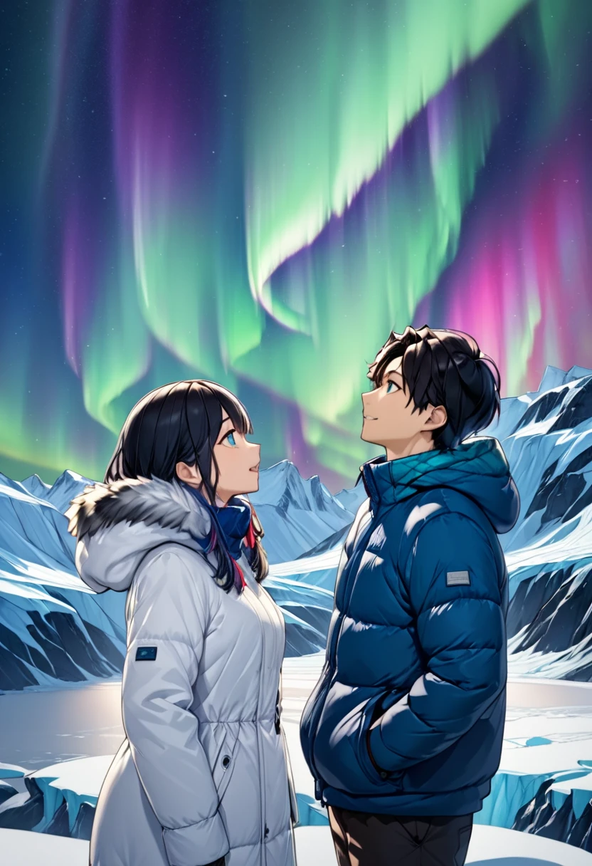 Aurora over a glacier ,  a couple in warm clothes looking up at the auroras , A young man in blue warm clothes "Asuka" and a dark-haired woman in white warm clothes "Haruna"