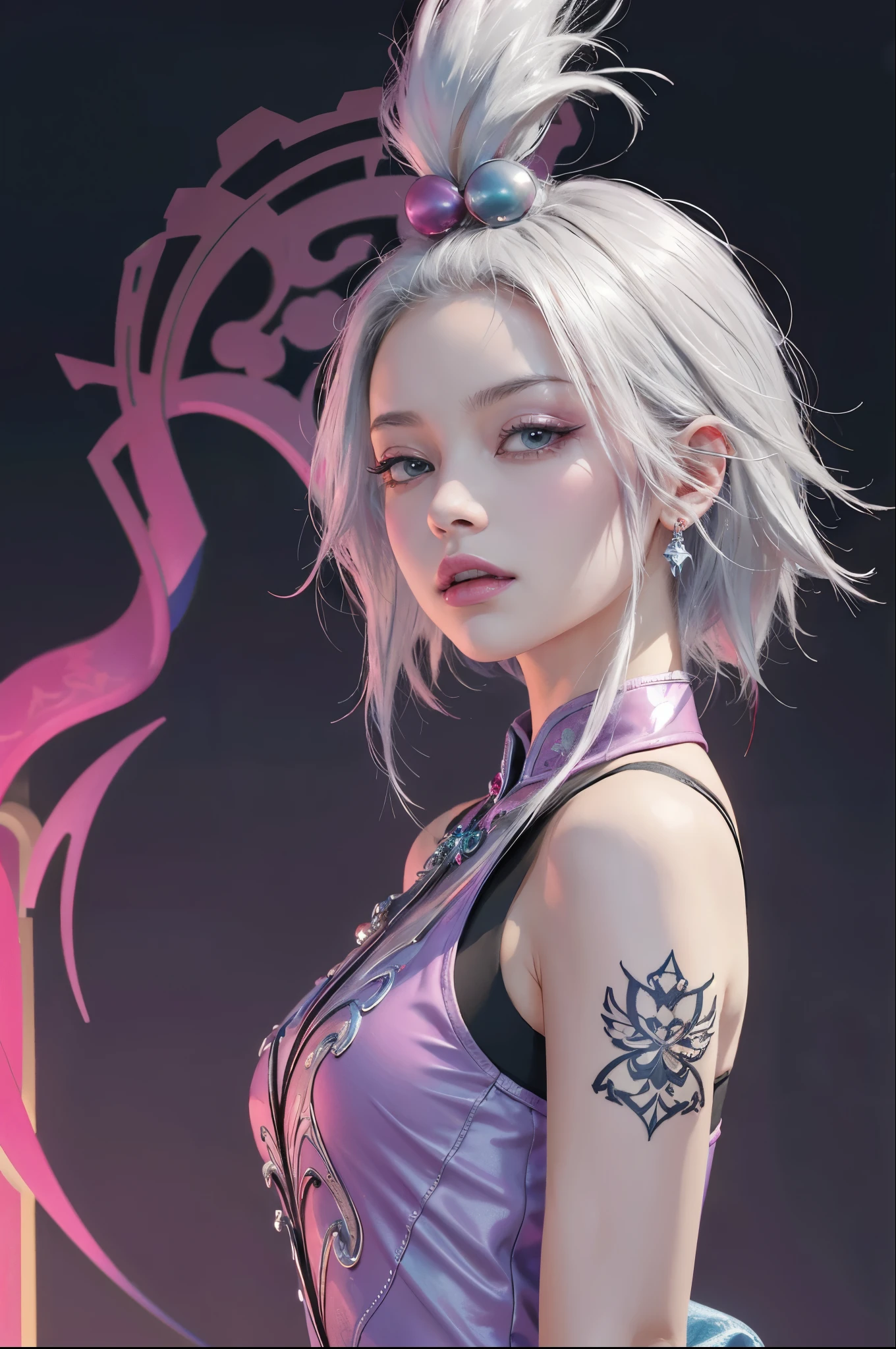 Realistic,         High Resolution     , miss,  SHINE YOUR SKIN,  Unique, Tattoo, Jewelry,       pink lips silver hair  ,   Peaked Cap，Purple cheongsam， arena background  