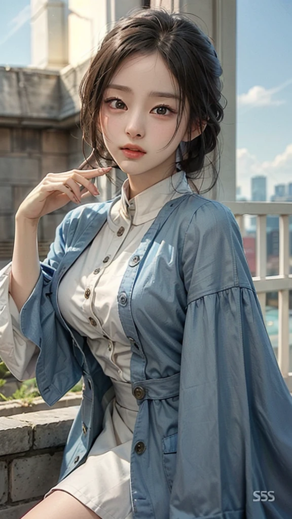 (masterpiece), (Top), ( High Quality Details ), (illustration), ( City Hall 1 Female  ),  above the bet , (Interview),  beautiful ,  detailed eyes, 섬세하고  beautiful  얼굴, Floating , (High saturation), (shining),  blue sky, 밝고  beautiful  얼굴,  Her skin is young, radiant, , Fair and shining, Top appearance, 매우  beautiful ,  Her big eyes are shining in a clear blue sky and staring at the audience, 아름답고 놀랍도록  beautiful  소녀가 관람객을 응시하고 있습니다,