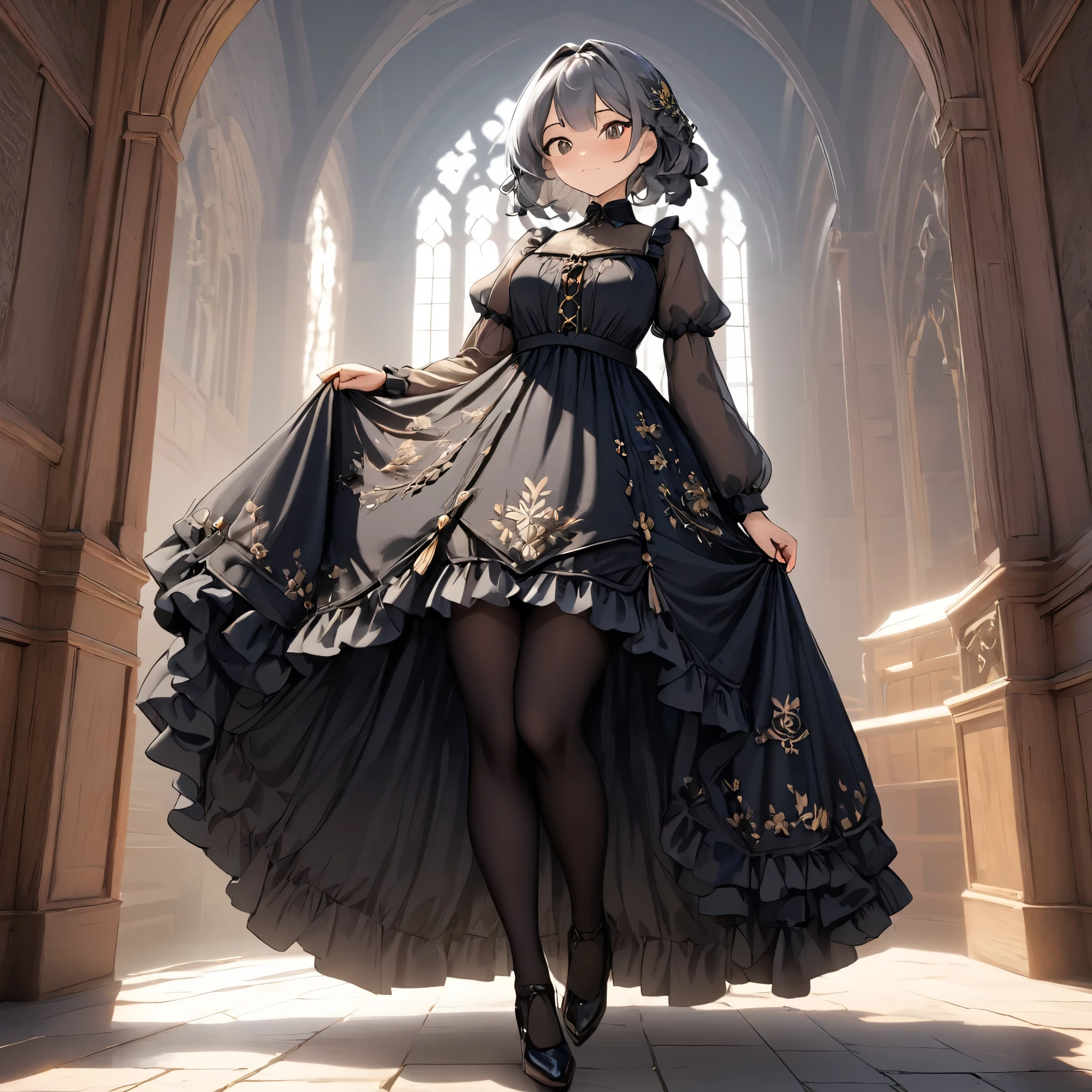 (  highly detailed CG octane rendering 8k wallpaper with a long spear ),  Girls Underwear ,   You can see real bloomers made of cotton fabric.., Medieval black crystal clear long dress 、With panniers, Fabric Realism,  low angle,   pull up the dress with your hands , Strong winds,  Clear Slips,  Clear Slips, tights,  best quality, whole body,   I can see your thighs, Silver and gold embroidery