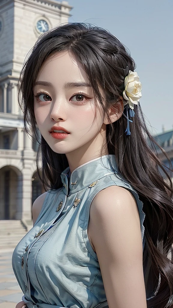 (masterpiece), (Top), ( High Quality Details ), (illustration), ( City Hall 1 Female  ),  above the bet , (Interview),  beautiful ,  detailed eyes, 섬세하고  beautiful  얼굴, Floating , (High saturation), (shining),  blue sky, 밝고  beautiful  얼굴,  Her skin is young, radiant, , Fair and shining, Top appearance, 매우  beautiful ,  Her big eyes are shining in a clear blue sky and staring at the audience, 아름답고 놀랍도록  beautiful  소녀가 관람객을 응시하고 있습니다,