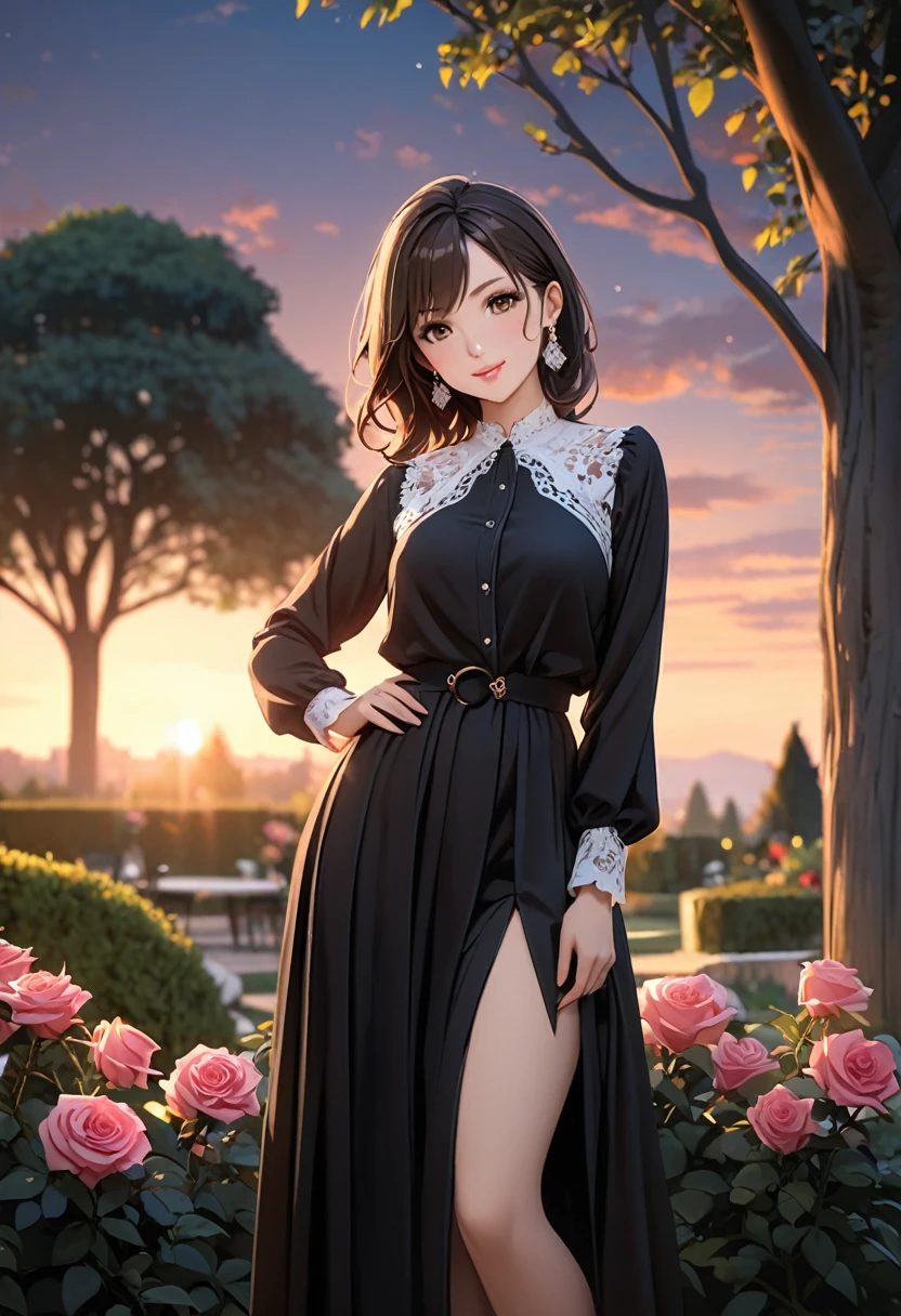 (masterpiece,  best quality, 8k), Accurate and beautiful figure ,  beautiful face,  Beautiful Brown Eyes ,  cute pink lips,  elegant face, White smooth skin, Mid-chest, long brown black hair ,  long sleeve blouse and skirt,  pose,  look at me and smile, whole body,  elegant ,  earrings for a woman alone, garden,  Rose, Sunset, Large tree,  depth of field,  detailed digital art ,