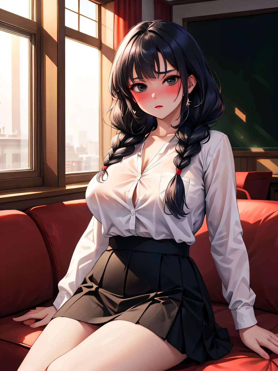 1girl, large breasts,sexy, underwear, bra, skirt, pencil_skirt, cleavage, black_hair, blue_eyes, looking_at_viewer, blush, miniskirt, indoors, open_clothes, black_skirt,white_bra,shirt, undressing,cum in pussy, breast milk, bed,