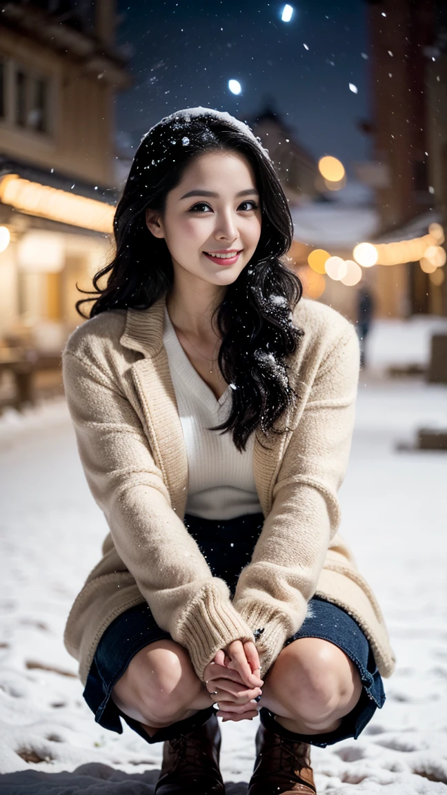 (masterpiece:1.3), High resolution, Very detailed, CG, 8K壁紙, photo-realistic, RAW Photos, (8K, Highest quality, masterpiece:1.2), (Realistic:1.4), Beautifully detailed face, Perfect and beautiful face, Beautiful and elaborate face, Accurate, Highly detailed face and skin texture, Detailed hair texture, Perfect body, (Fair skin:1.2), Beautiful eyes in every detail, Slim face and figure, Big eyes, (Glossy Lips, Natural color lip:1.4), ((Sexy sensual smile, Attractive sexy smile:1.4)), ((Beautiful woman, Random Cute Hairstyles:1.4)), ((Beautiful womanが雪が降る寒い日に屋外にいるシーン。She was wearing a warm-looking thick hoodie.、She has a big fluffy scarf wrapped around her neck.。The parka is dark grey in colour、The scarf is made of white wool.、Wrapped warmly around her face。The bottom is a tight mini skirt、The dark skirt accentuates the shape of her legs.。Her legs were covered in thick tights.、The feet are well protected by cold weather boots.。Her hair is dark brown、It's a little wavy.、Length on the shoulder。In the background, falling snow and a cityscape covered in snow spreads out.、White snowflakes are falling around her。Her expression is calm、Smiling、It creates a warm atmosphere even in the cold.:1.4)), ((Full Body Shot:1.4)), (Staring at the audience:1.3), ((sexy shot looking at camera, Bold sexy pose:1.3)), (Detailed Background:1.2), Perfect dynamic composition