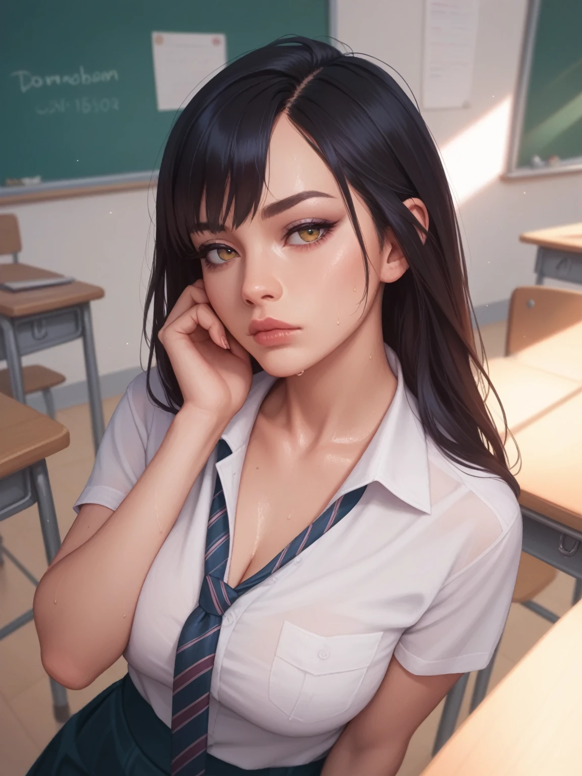 full angle, realistic, naughty girl like Sivir, bored facial, necktie, sweaty, in the classroom, evening light,