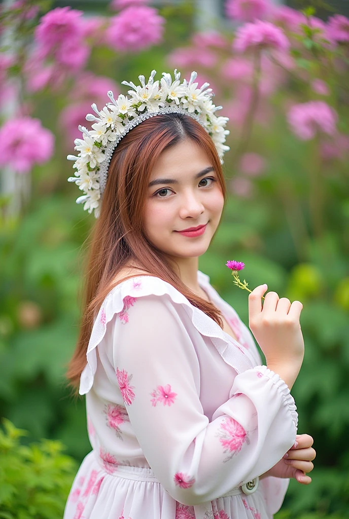 Thai tradition dress, detail dress, Royal Thai Headpiece with delicate garlands hanging from it, standing amidst a vibrant royal flower garden with blooming Thai flowers in vivid colors. She gently holds a flower in her hand, her dress adorned with intricate floral patterns matching the garden’s beauty. The sunlight enhances her gentle expression, creating a serene, picturesque scene of traditional elegance
