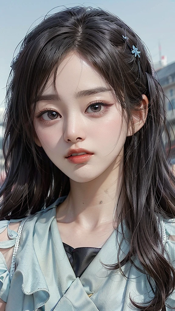 (masterpiece), (Top), ( High Quality Details ), (illustration), ( City Hall 1 Female  ),  above the bet , (Interview),  beautiful ,  detailed eyes, 섬세하고  beautiful  얼굴, Floating , (High saturation), (shining),  blue sky, 밝고  beautiful  얼굴,  Her skin is young, radiant, , Fair and shining, Top appearance, 매우  beautiful ,  Her big eyes are shining in a clear blue sky and staring at the audience, 아름답고 놀랍도록  beautiful  소녀가 관람객을 응시하고 있습니다,