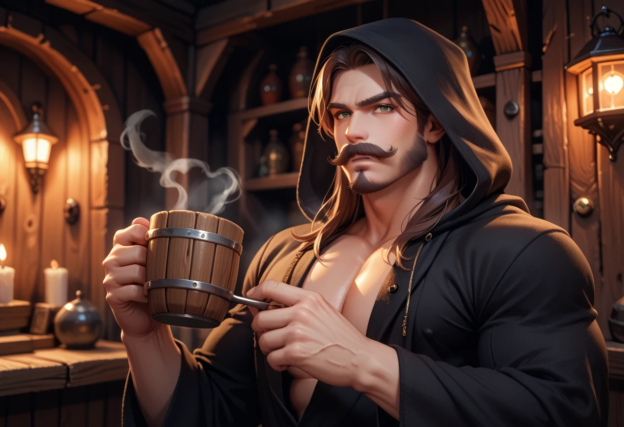 (masterpiece, Highest quality), (1boy, solo, (he's standing, holding a steaming cup)), (boy is man, (wearing a black robe, hood), muscular, bulky (detailed olive eyes and face), (brunette long hair, mustache, beard), angry ), (dark hut interior, at night, moonlight)