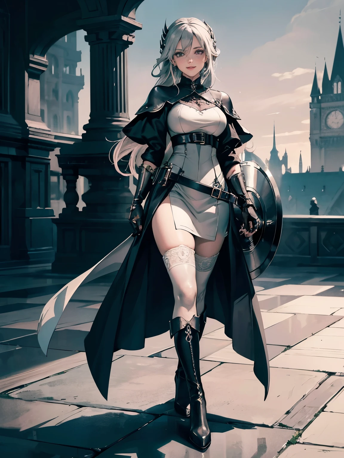 masterpiece, accurate, high quality, super detail, best quality, 8k, An illustration for light novels with fine lines and medium saturation. ((wearing black leather gloves)), A refined Kaihime-like woman stands on a rooftop looking at the dawn sky, (smiling faintly) She wears a gothic-style dress in charcoal with pale pink and silver accents, charcoal stockings, leather boots, and long silver gloves with charcoal fingertips., cinematic lighting, chiaroscuro, masterpiece, accurate, high quality, super detail, best quality, ultra-detailed, (looking down at viewer), wearing white elegant blouse, well-proportioned body shape, ultra-detailed, carrying a black huge  shield 