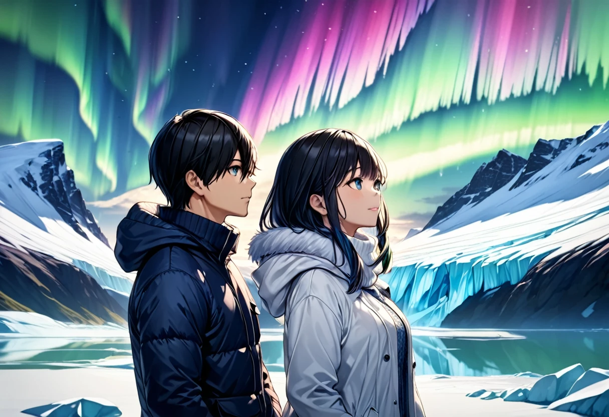 Aurora over a glacier ,  a couple in warm clothes looking up at the auroras , A young man in blue warm clothes "Asuka" and a dark-haired woman in white warm clothes "Haruna"