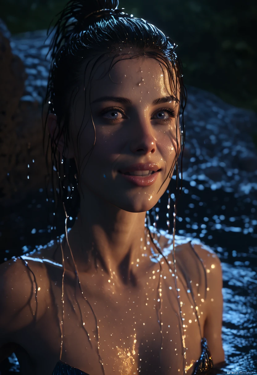 Night scene, close-up photo of Danelia Tuleshova, small breasts, bathing near the waterfall, body soaked in water, lean cheeks, wet hair, chin up, seductive face, no bra, stones, pure water, cleavage show, water on the body, realistic pores on the body, look up at the sky and smile, black ponytail hair, (blue eyes:  0.8), beautiful adult face, 40 yo, soft volumetric lights, (backlit: 1.3), (cinematic: 1.3), intricate details, (ArtStation: 1.