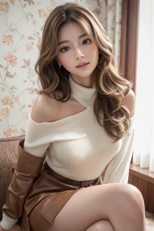 4K、Raw photo、(White panties visible from the miniskirt:1.5)、Off-shoulder knitwear、Very short miniskirt、Photoreal Stick、hight resolution、Cute 25 year old woman in Japan , Face like an idol、skin tanned、sun burn、Light blonde medium wavy hair、With bangs、 Cute Real Photo Girl、、Facility Manager、Sitting on a chair in the office、Looking at the camera