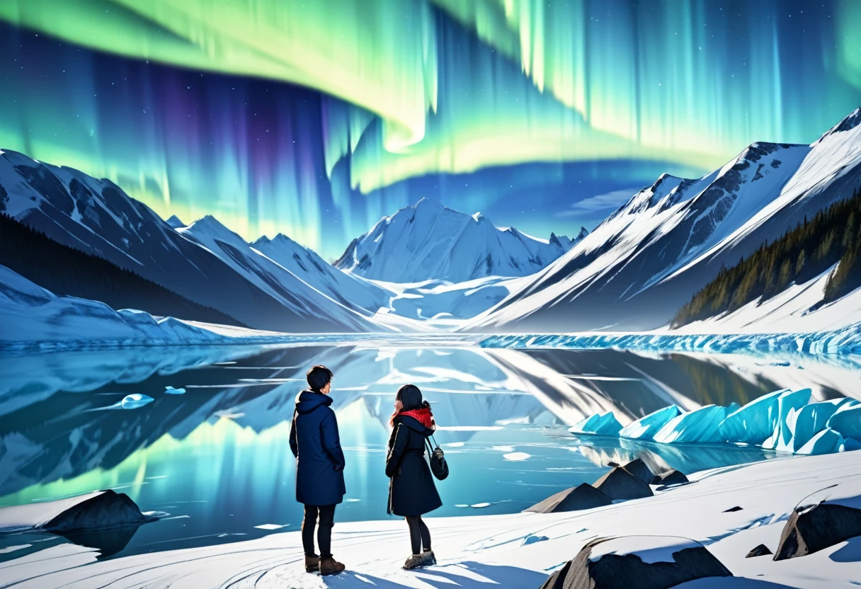 Aurora over a glacier ,  a couple in warm clothes looking up at the auroras , A young man in blue warm clothes "Asuka" and a dark-haired woman in white warm clothes "Haruna"