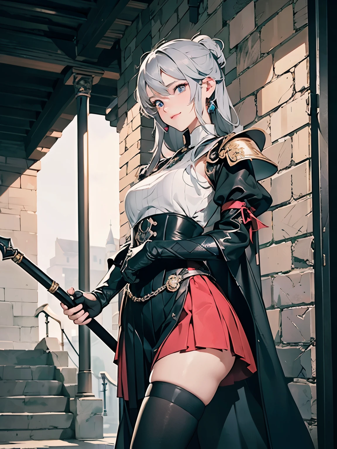 Top quality, 8K, Illustration with fine lines and medium saturation for light novels in the adventure genre, blue sky, ((black long mantle surface)), dark background, traditional pleated skirt, skin shadow, female knight metal plate armor, gold braid, red stone jewel, knight corps insignia, black leather gloves, A refined and tall Kaihime-like beautiful woman about 30 years old carrying a small scabbard, ((faintly smiling with light pink lips and blue-gray eyes)), ((looking at remote target)), coming down a stairway at a porch on a summer morning, wears a gothic-style puff sleeve A-line knee-length dress in charcoal with pale pink and silver accents that enhances her well-proportioned curvy, slim body shape. She also wears stockings and leather boots in charcoal, and long silver satin gloves with charcoal fingertips. cinematic lighting, faint-smile, old Italian castle ruin, carrying huge black scythe by right hand