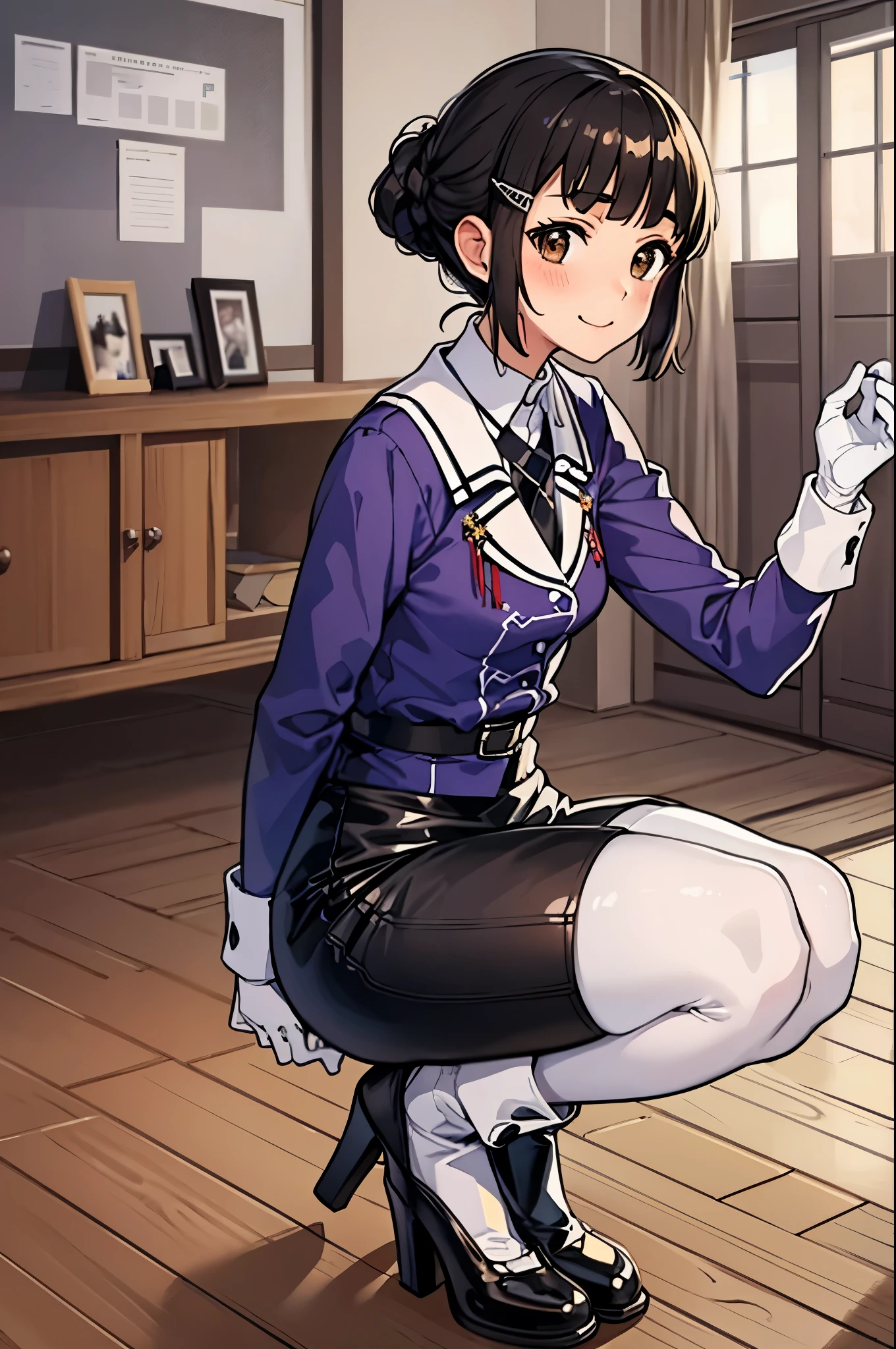 scratch \(Kantai Collection\), Long Hair,  brown hair,  Brown Eyes ,  hair accessories, Clothing : uniform,  purple jacket,  black tuxedo ,  white gloves, black belt,   black skirt ,  miniskirt,   pencil skirt,  White Pantyhose, Grey shoes,  high heels,
Break Smile, shy,   blush nose , (Heart hand ,  put your hands together :1)
Destroying a masterpiece,  best quality,  high definition , 8k,  Official Art,  Very detailedな,  super resolution ,  Very detailed and beautiful,  Very detailed,  amazing details ,  Very detailed美しい女の子,  Very detailed顔,  Very detailed目,  Very detailed肌,  Very detailed指,  Very detailed鼻,  Extremely Detailed and Beautiful ,  Perfect Anatomical Composition Full Body Shot, Opposition, On the Sea, On the water,  bright , scenery,  Very detailed CG unity 16k, High Definition 16K CG Wallpaper ,( feet ),( panchira )(indoor,  office,  living room ),  (Squat), feetを広げる,, In-person audience  
