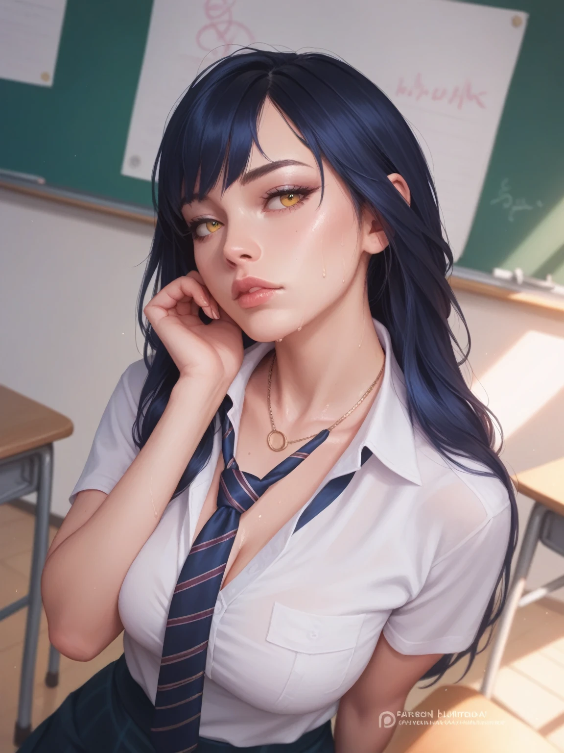 full angle, realistic, naughty girl like Soraka, bored facial, necktie, sweaty, in the classroom, evening light,