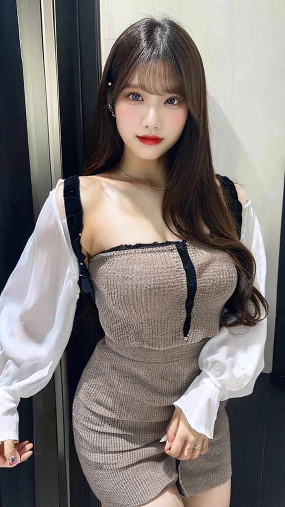 (A super beautiful Korean middle-aged teacher is walking:1.2)(grin,smile:1.1)(Beautiful Sweat:1.1)(16K, RAW Photos, Highest quality, masterpiece: 1.2),(Elegant hairstyle with glossy brown hair) Super detailed, Super Resolution, (Genuine, Genuine photos: 1.37), Portraiture, High-resolution RAW color photos, Professional photos, Very detailed, 8k wallpaper, Very detailed CG Unity 8k wallpaper, Very detailed beautiful girl, Very detailed faces, ((whole body)), beautiful woman, Huge breasts,(huge boobs:1.1) (Big Boobs:1.1), Beautiful female teacher (White knit tank top),Korean Girls,(K-POP Female Idols), (Idol-class beauty)(Beautiful gal aunt:1.1)(In front of the elevator of a luxury apartment building)(Teacher's costume:1.1)(41 years old)(from side)Luxury necklaces for women,(Sexy mole on the mouth:1.2)