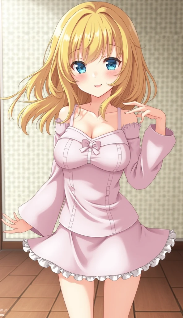 masterpiece, best quality, highres, kitagawa marin, 1girl, blonde hair, swept bangs, gradient hair, red eyes, glossy lips, light smile, blush, standing, bedroom, collarbone, sheer pink nightdress