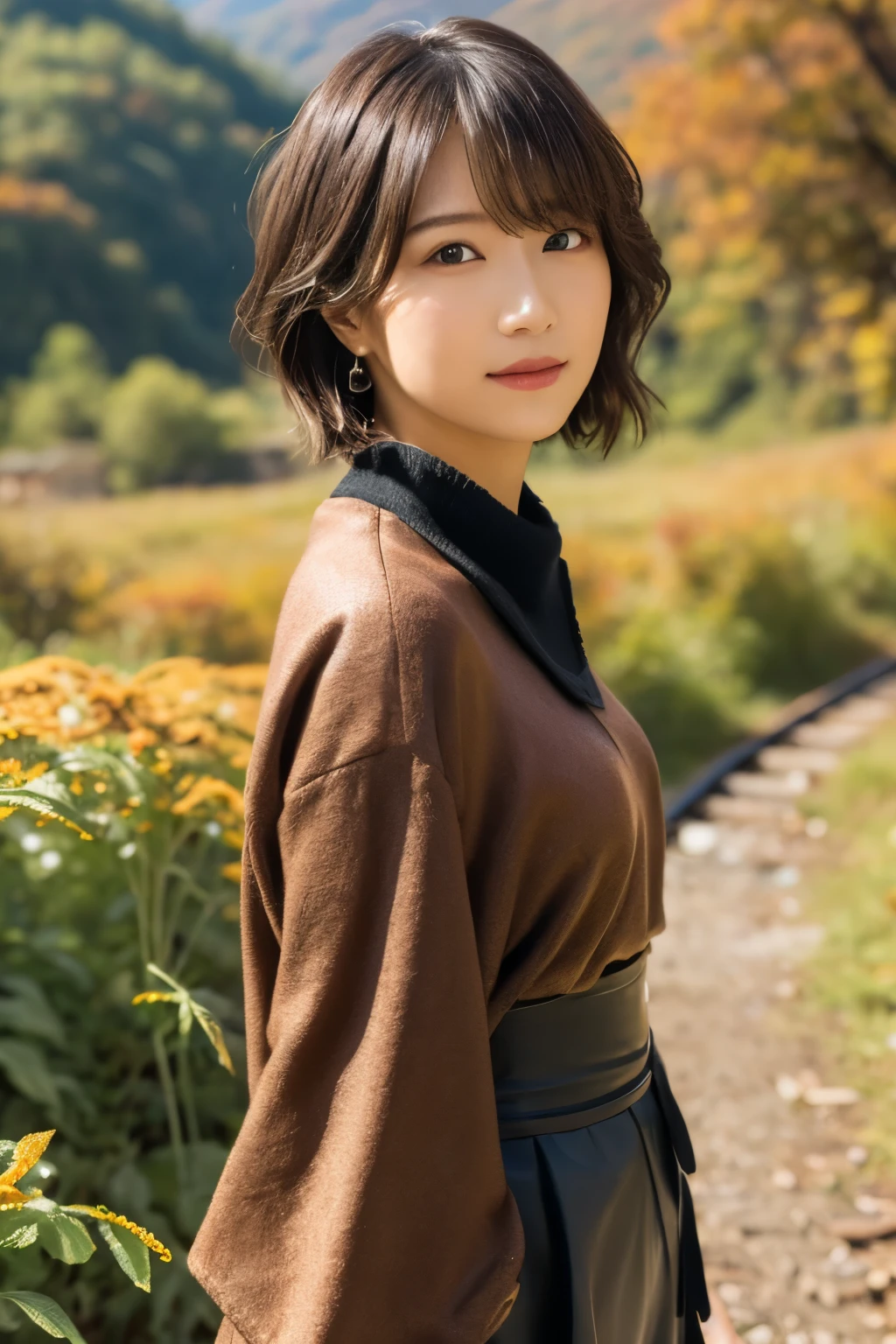  1 girl, A very beautiful portrait of a Japanese singer, (Fashionable fall outfits:1.2),
(RAW Photo Best Quality), (Realistic, Realistic:1.4), (masterpiece), 
 Very detailed, 2k wallpaper, wonderful, finely,  Very detailed,  CG Unity 8k Wallpaper ,  Very detailed,  high definition , Soft light, 
 Beautiful Girl Carefully Drawn in Every Detail ,  Very detailedな目と顔,  Beautiful and Elegant Nose ,  beautiful beautiful eyes,  Movie Lighting, 
(Bromide photography ), (short hair), (A shy smile:0.8), (The girl is standing on the ruins of an abandoned railway in a mountainous area:1.2), ( covered with weeds and rusted railroad tracks :1.4), (Decayed sleeper :1.3), (autumn leaves),
 perfect anatomy , Slender body,  smaller breasts, Thin legs, whole body