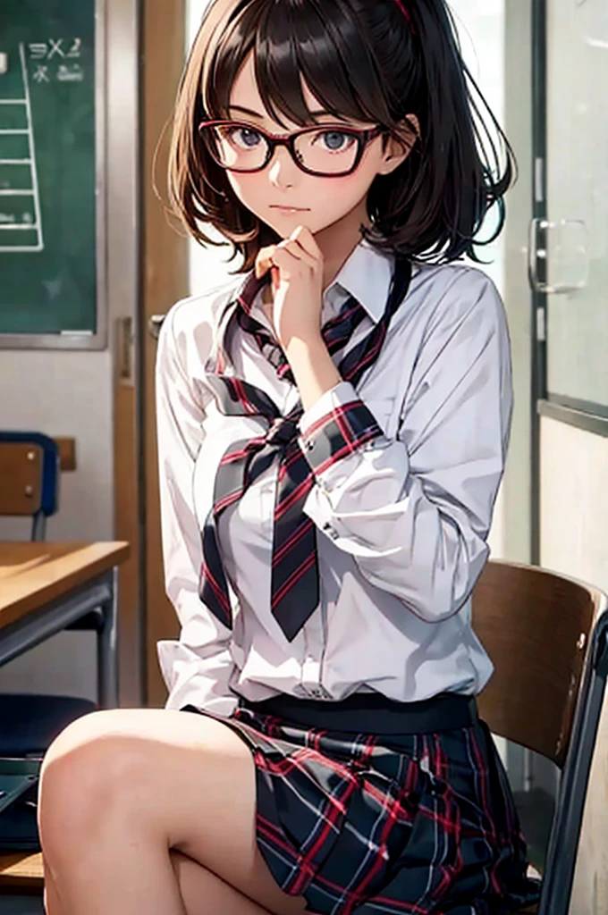 This picture shows a girl wearing glasses,  1 girl , Alone, School, 