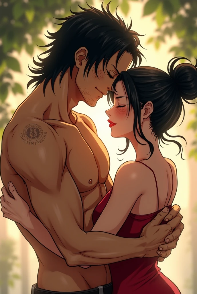 I would like to get an anime-style image of a couple consisting of a man with long curly chocolate hair and a tattoo, stripped to the waist, kissing a woman with long curly brown hair tied in a ponytail on top of her head and in green lace underwear, she hugs him around the neck.