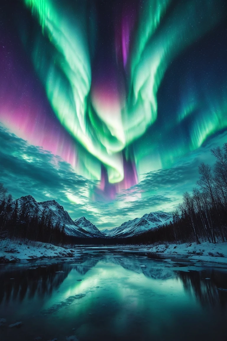 (best quality, masterpiece, photorealistic, elaborate details:1.2), A breathtaking view of the Northern Lights dancing above snow-covered mountains, reflecting in an icy lake below. The sky is painted with vibrant green and purple hues as delicate ribbons dance across the night's canvas. Focus on the serene landscape