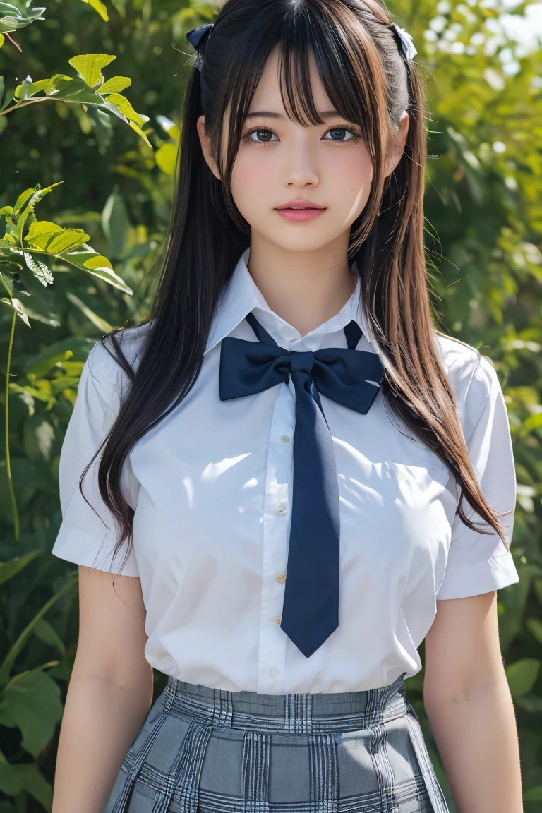 Underwear, Pictures of 20-year-old women, Cute, Panties, ((KPOP Idol)), ((Lace panties, panty shot,white panties visible)), ((gym sitting, sitting with both hands on the grass, A-shaped legs)), skirt, School uniform, Socks, Black hair, Shirt, Blurred, Blurry background, Knee-high, White shirt, Loafers, Lips, Brown eyes, Black socks, bow tie, pleated skirt, headrest, shot from under the front, outdoors, brown footwear, masterpiece, top quality, ultra detail,