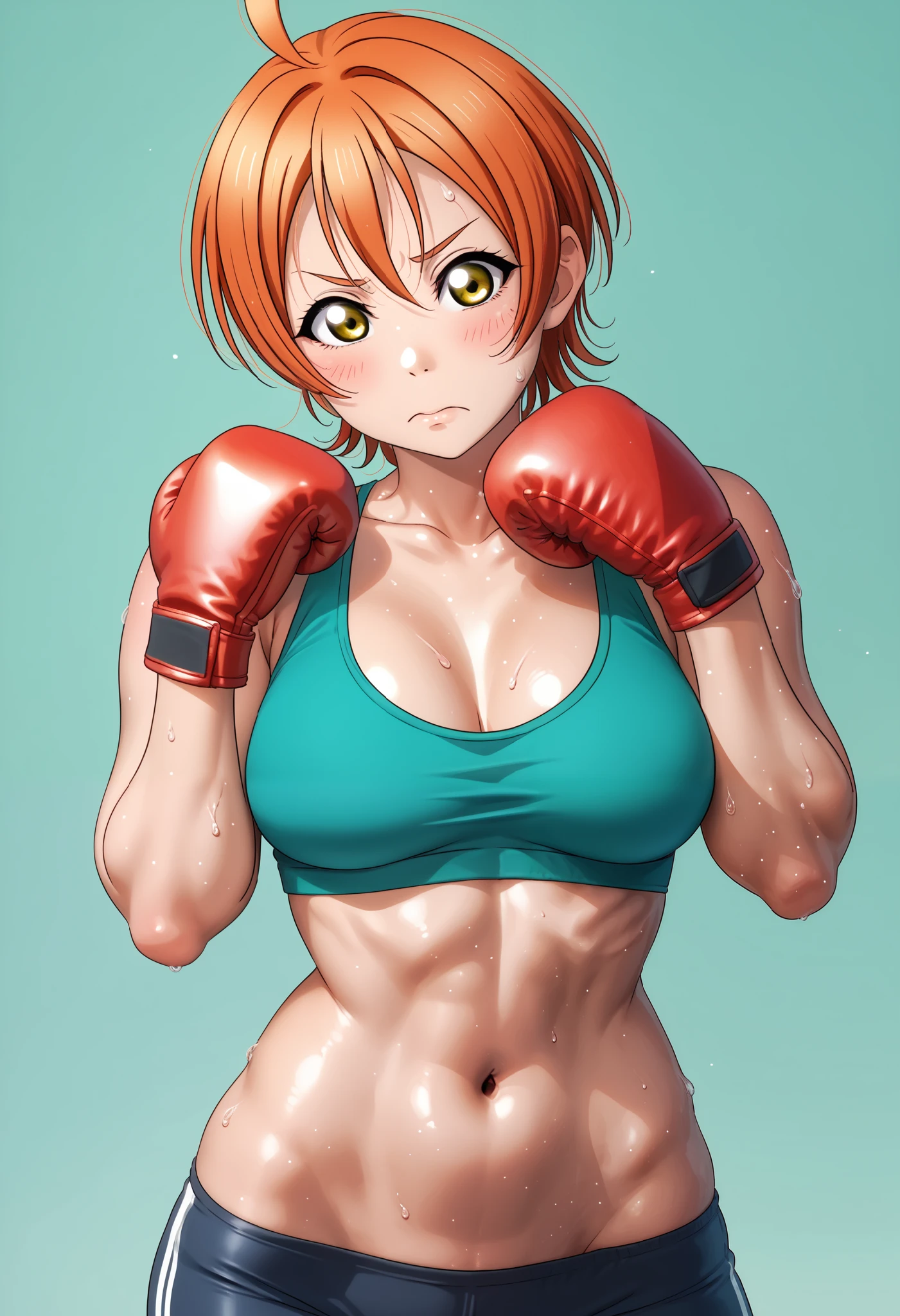 id_rin_hoshizora, Hoshizora rin, love live ,slim fit athletic body a defined breasts , green gym top,Her hair is short orange , messy detailed hair strands , yellow eyes, a tired challenger expression, red boxing gloves, sweating, shiny skin, shiny detailed sweat drops dripping, black short,front view , cowboy shot ,rukia style