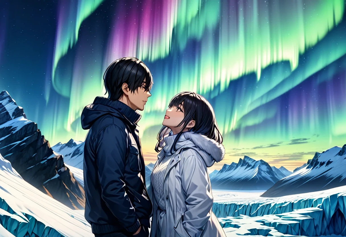 Aurora over a glacier ,  a couple in warm clothes looking up at the auroras , A young man in blue warm clothes "Asuka" and a dark-haired woman in white warm clothes "Haruna"