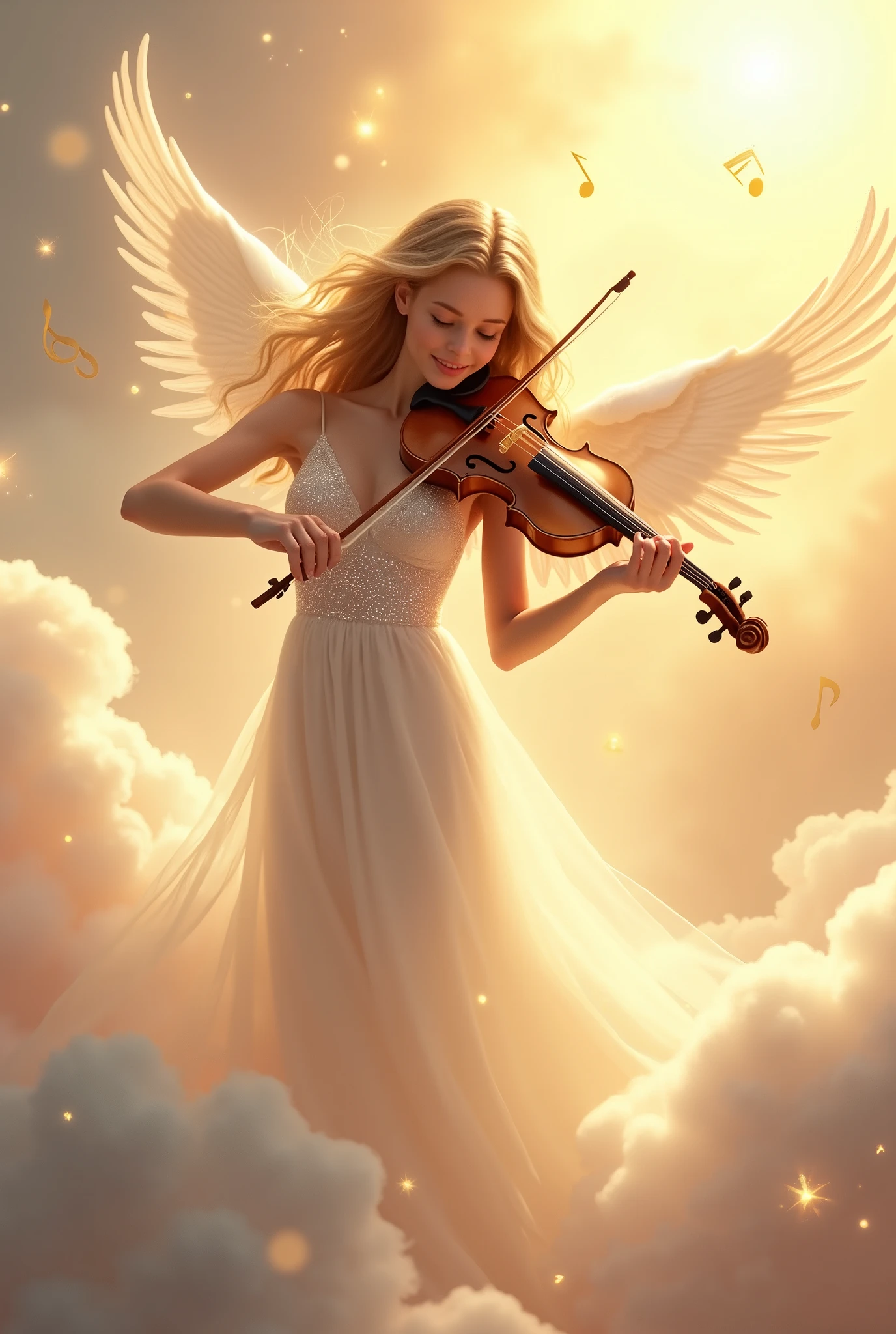 A breathtakingly beautiful girl with flowing, golden hair stands amidst the soft, ethereal clouds of heaven, playing a violin with a serene smile. She wears a delicate, flowing white gown that glows softly, almost blending with the heavenly light surrounding her. Her eyes are closed, lost in the music, as a warm, radiant light shines down upon her, illuminating her figure. Angelic wings gently unfold behind her, adding to the divine ambiance. Soft pastel-colored clouds and golden beams of sunlight fill the background, while gentle sparkles and notes float around, enhancing the magical, celestial atmosphere. The scene feels peaceful and dreamlike, as if her music brings harmony to the heavens. High-resolution, photorealistic, capturing every detail of her graceful presence and the violin’s intricate beauty.