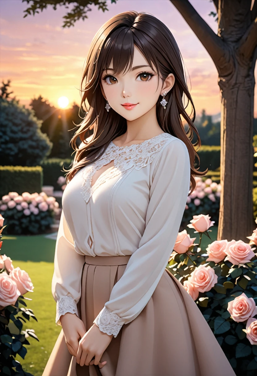 (masterpiece,  best quality, 8k), Accurate and beautiful figure ,  beautiful face,  Beautiful Brown Eyes ,  cute pink lips,  elegant face, White smooth skin, Mid-chest, long brown black hair ,  long sleeve blouse and skirt,  pose,  look at me and smile, whole body,  elegant ,  earrings for a woman alone, garden,  Rose, Sunset, Large tree,  depth of field,  detailed digital art ,