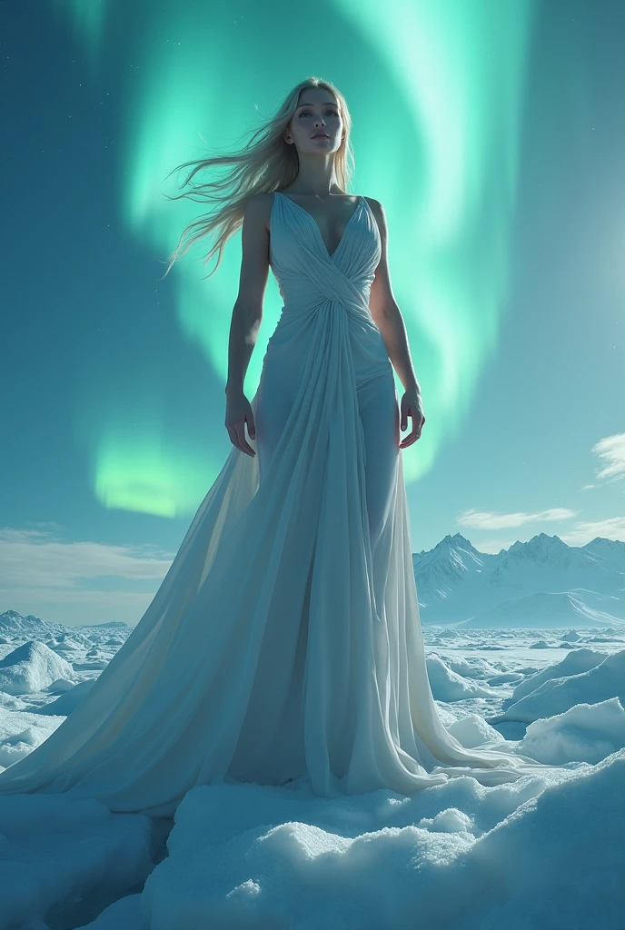 ((masterpiece, highest quality, Highest image quality, High resolution, photorealistic, Raw photo, Extremely detailed CG unified 8k wallpaper)), (huge stunning goddess shot, very hot and sexy, jaw-dropping beauty, perfect proportions, beautiful body, slim body beauty:1.4), Aurora Over the Glacier、(view from below)、