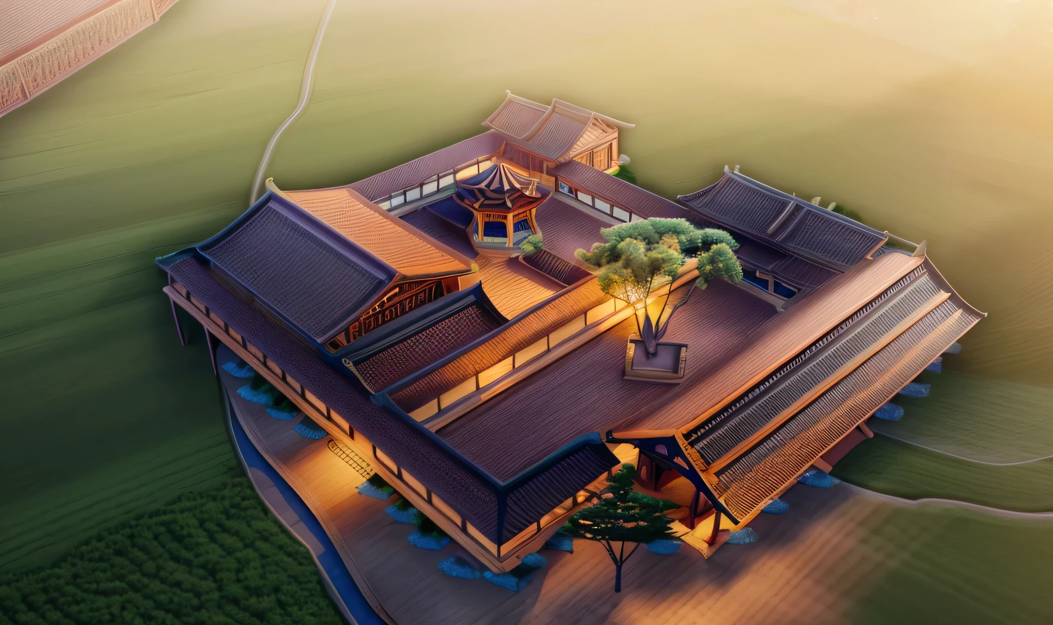 A highly detailed, architectural illustration of an ancient Chinese building, seen from a birds-eye view, photorealistic, ultra-detailed, 8k, best quality, dramatic lighting, warm color tones, intricate architectural details, ornate roofing, lush greenery surrounding the building, atmospheric haze, cinematic composition