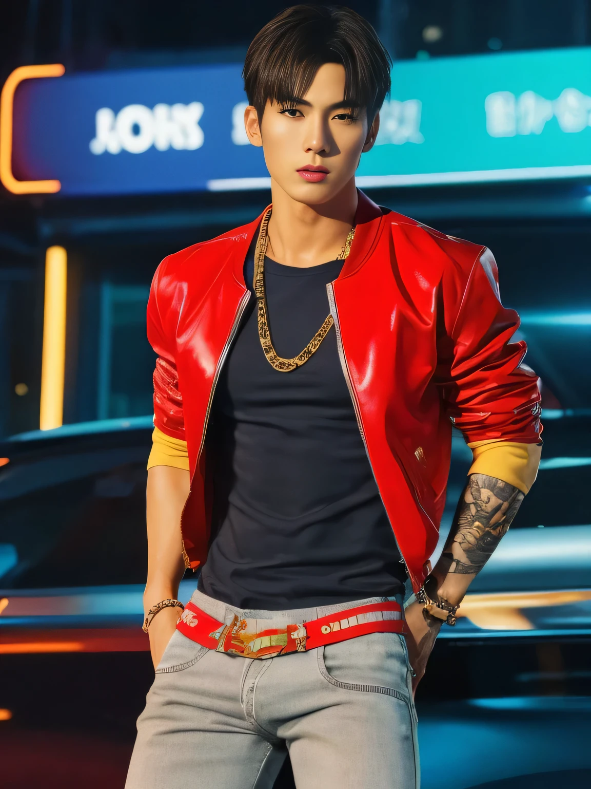 (Detailed face:1.3), 8k, photorealistic, best quality, (insanely detailed:1.3), Korean Pop Idol, very handsome Korean man, tattoos, very muscular, prominent veins, abs, very tall, (very tanned skin:1.3), (huge bulge crotch:1.4), bangs, red hair, short hair, black bomber jacket, tight white t-shirt, dark gray ripped skinny jeans, standing with arms crossed, heavy gold chain, looking at viewer, cowboy shot, neon-lit street with billboards, urban night scene