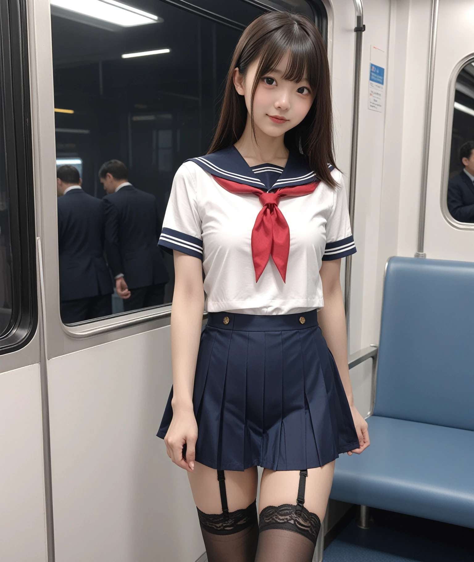 Highest quality、Highest quality、Ultra-high resolution、masterpiece、8k、Clear photos、RAW Photos、escalator、smile、Whole Body Ezbian:1.2、A girl wearing a sailor suit and pleated skirt:1.8、Very cute Japanese girl、Bobcut、 lift up short pleated skirt:1.8、escalatorの下の段から撮影、((Show off your thighs:1.8))、(Angle from below)