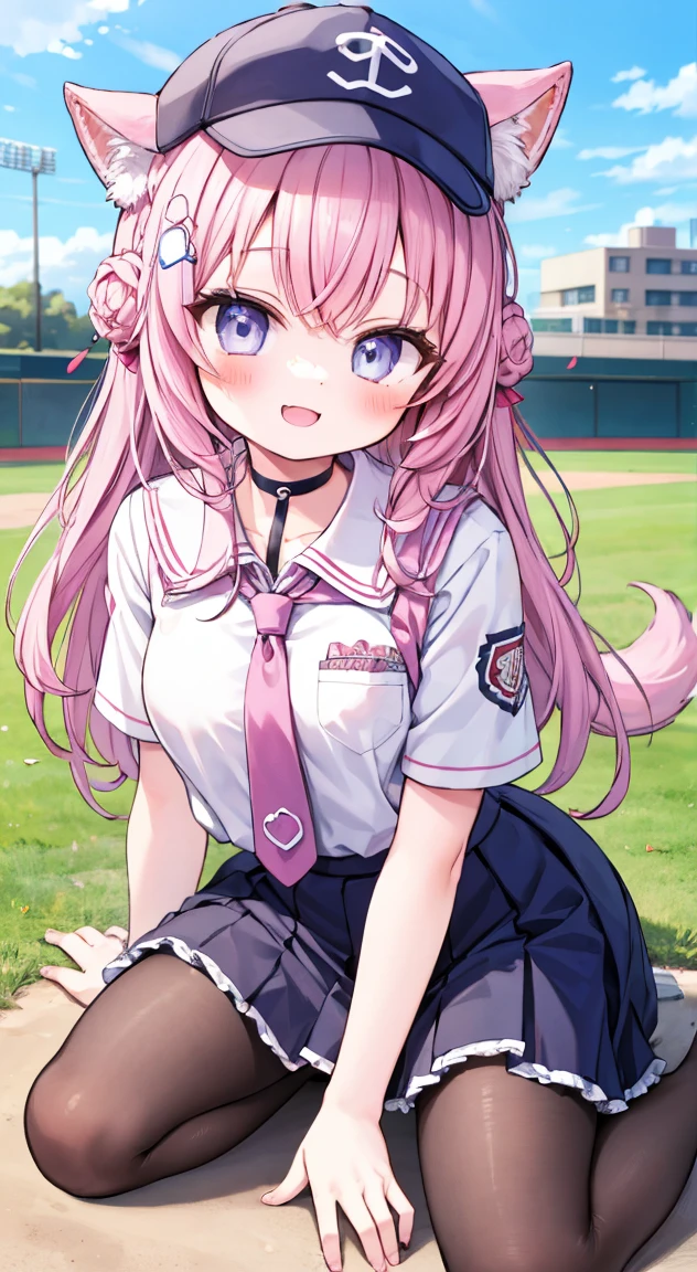  best quality,cute,Hololive Hiroi Koyori,Baseball cap,Schoolgirl Uniform,School building,Ground,Smile,