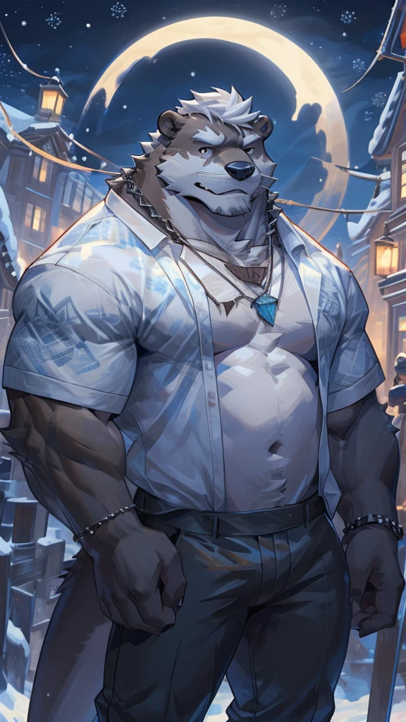 Anthropomorphic otter (white hair,brown pupil in on eye,blue pupil in one eye,handsome,cool,cool necklace),cool pose,chuby belly,massive body, muscular arms, muscular legs,654'5 tall,strong, black pants,cool shirt,background:christmas night,snowy