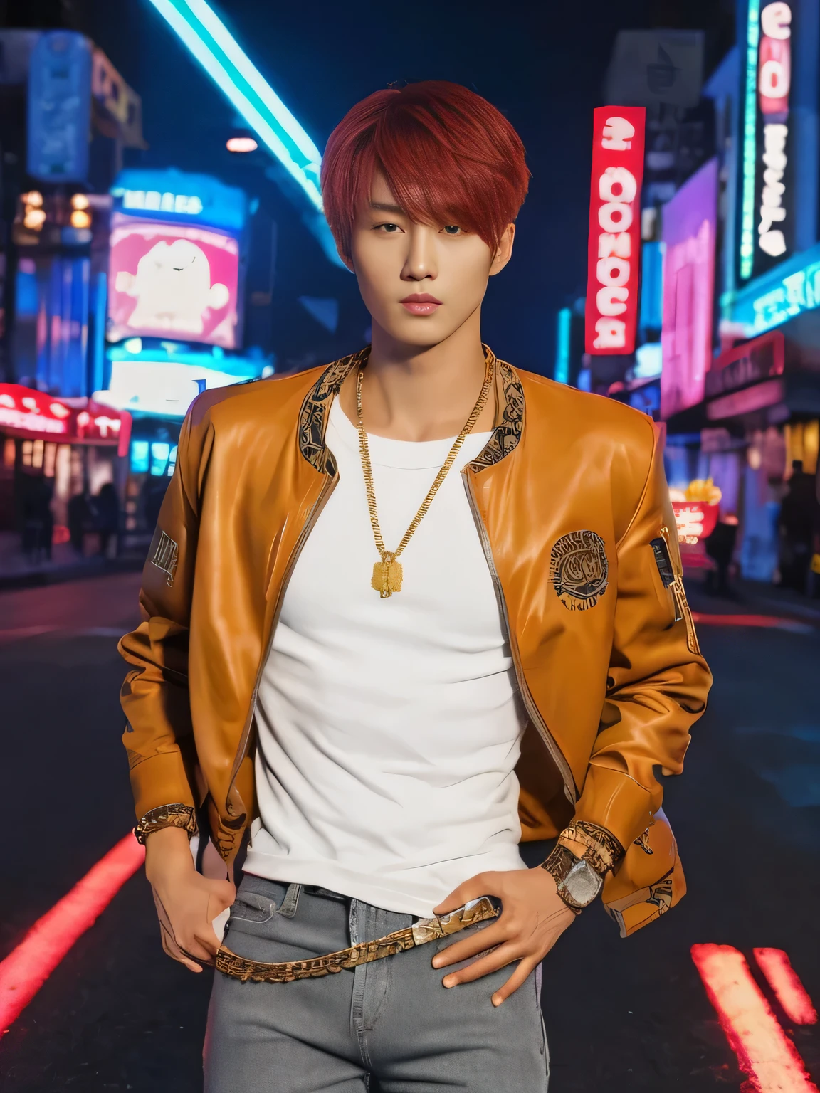 (Detailed face:1.3), 8k, photorealistic, best quality, (insanely detailed:1.3), Korean Pop Idol, very handsome Korean man, tattoos, very muscular, prominent veins, abs, very tall, (very tanned skin:1.3), (huge bulge crotch:1.4), bangs, red hair, short hair, black bomber jacket, tight white t-shirt, dark gray ripped skinny jeans, standing with arms crossed, heavy gold chain, looking at viewer, cowboy shot, neon-lit street with billboards, urban night scene