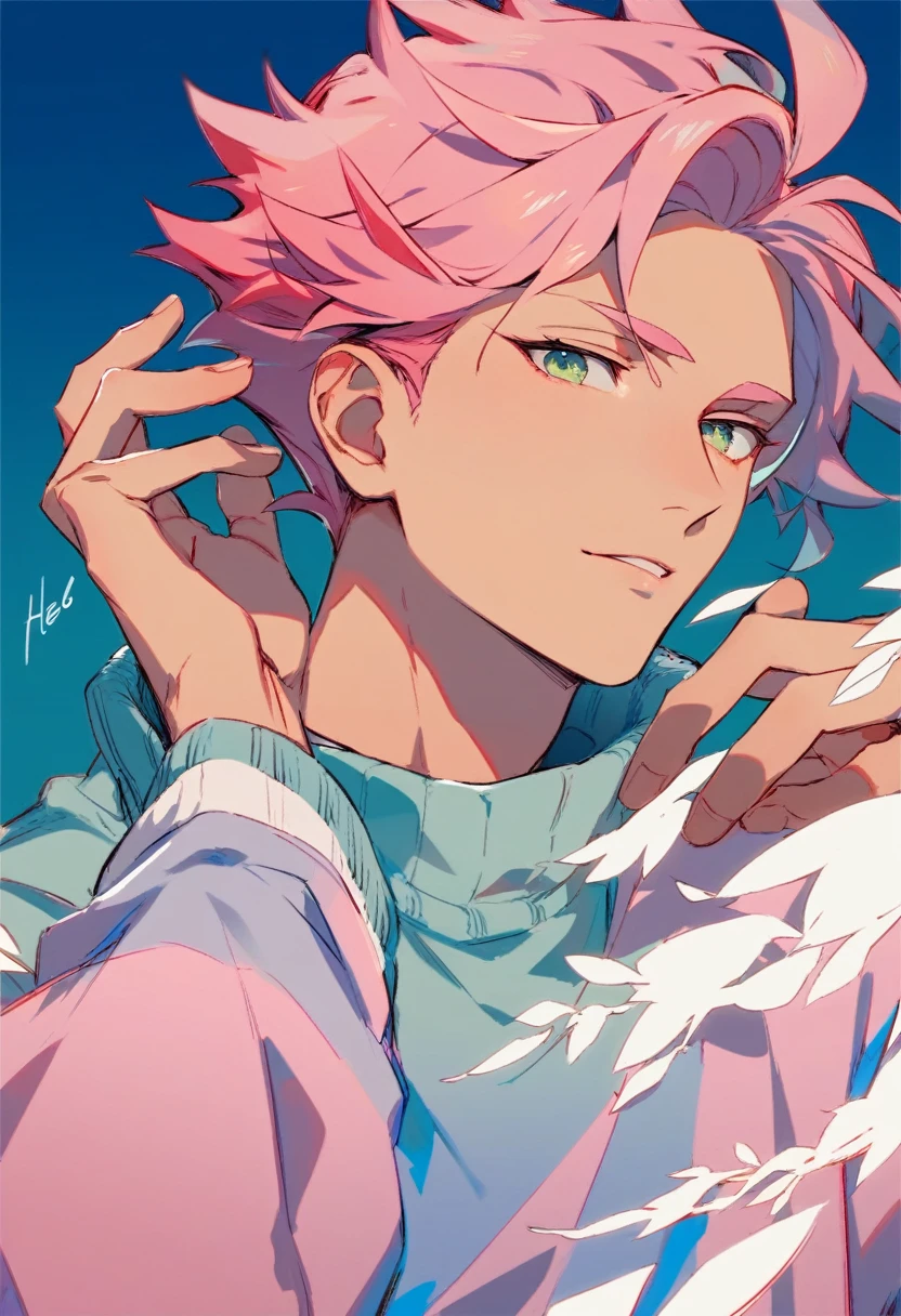 There is a 16-year-old man with a slim build , he has long opaque pastel pink hair but is well-groomed, with light green eyes and cool colored sweaters 