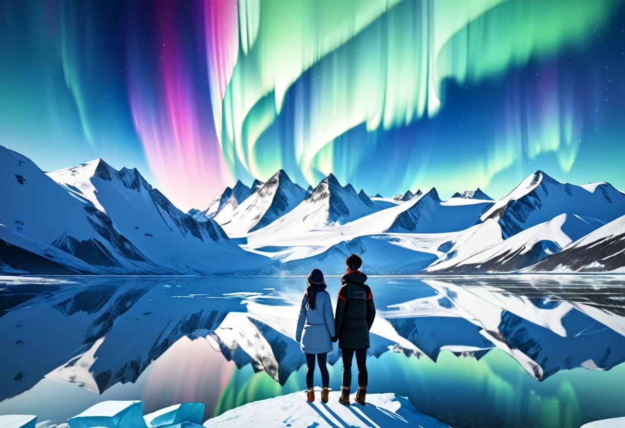 Aurora over a glacier ,  a couple in warm clothes looking up at the auroras , A young man in blue warm clothes "Asuka" and a dark-haired woman in white warm clothes "Haruna"