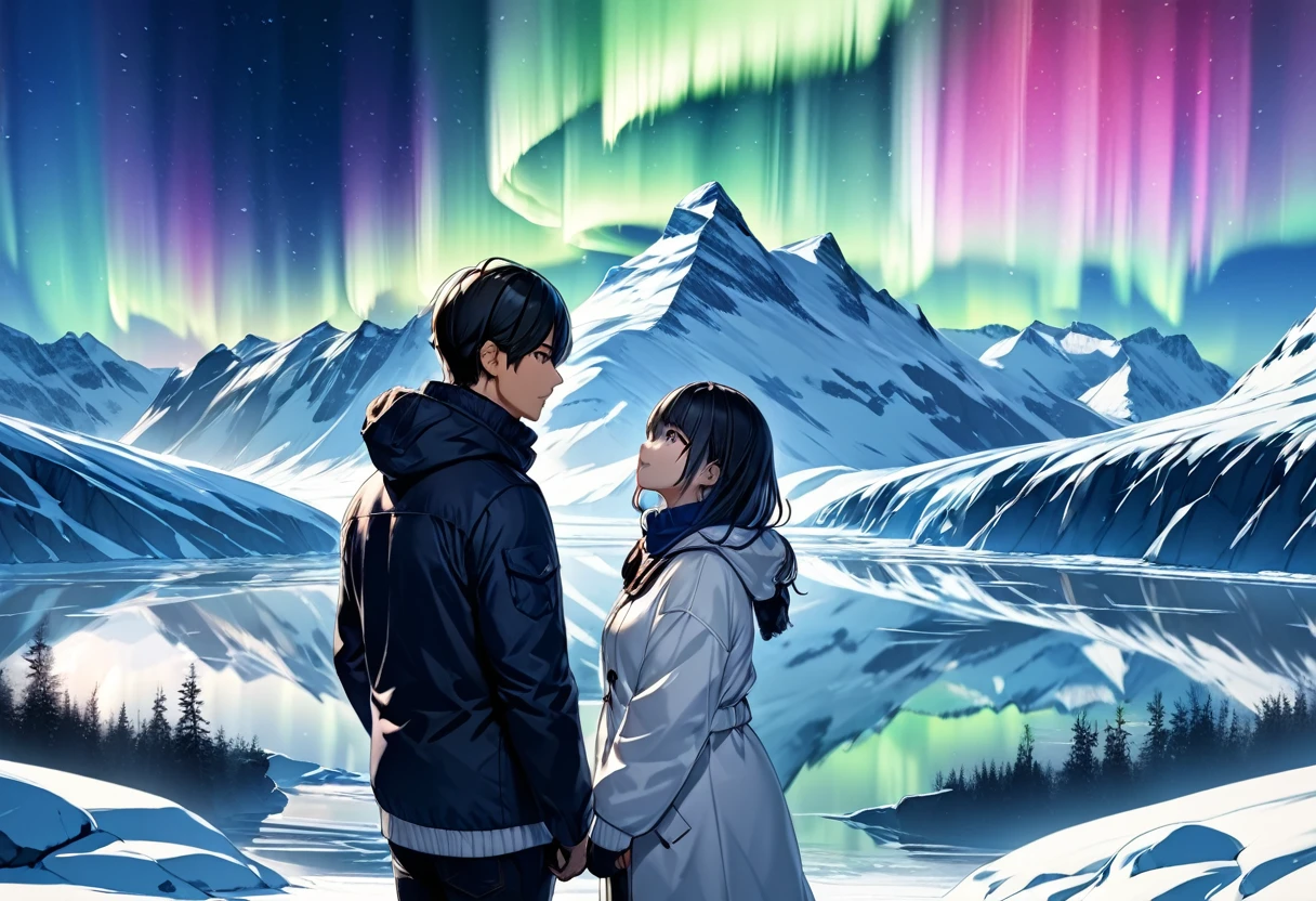 Aurora over a glacier ,  a couple in warm clothes looking up at the auroras , A young man in blue warm clothes "Asuka" and a dark-haired woman in white warm clothes "Haruna"