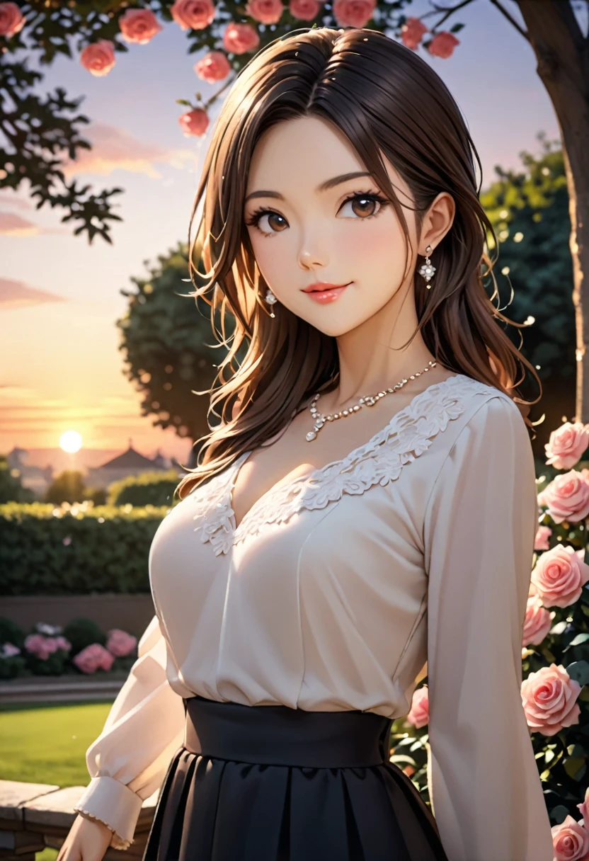 (masterpiece,  best quality, 8k), Accurate and beautiful figure ,  beautiful face,  Beautiful Brown Eyes ,  cute pink lips,  elegant face, White smooth skin, Mid-chest, long brown black hair ,  long sleeve blouse and skirt,  pose,  look at me and smile, whole body,  elegant ,  earrings for a woman alone, garden,  Rose, Sunset, Large tree,  depth of field,  detailed digital art ,