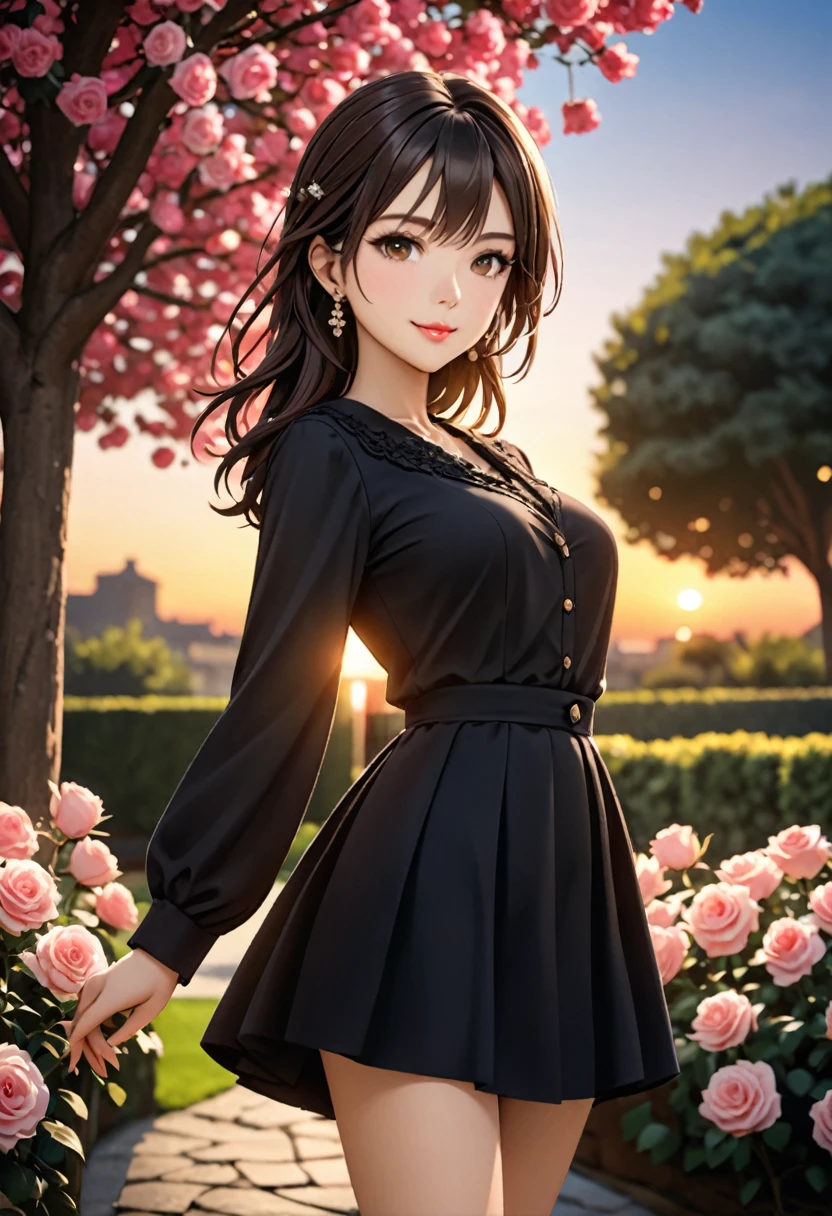 (masterpiece,  best quality, 8k), Accurate and beautiful figure ,  beautiful face,  Beautiful Brown Eyes ,  cute pink lips,  elegant face, White smooth skin, Mid-chest, long brown black hair ,  long sleeve blouse and skirt,  pose,  look at me and smile, whole body,  elegant ,  earrings for a woman alone, garden,  Rose, Sunset, Large tree,  depth of field,  detailed digital art ,