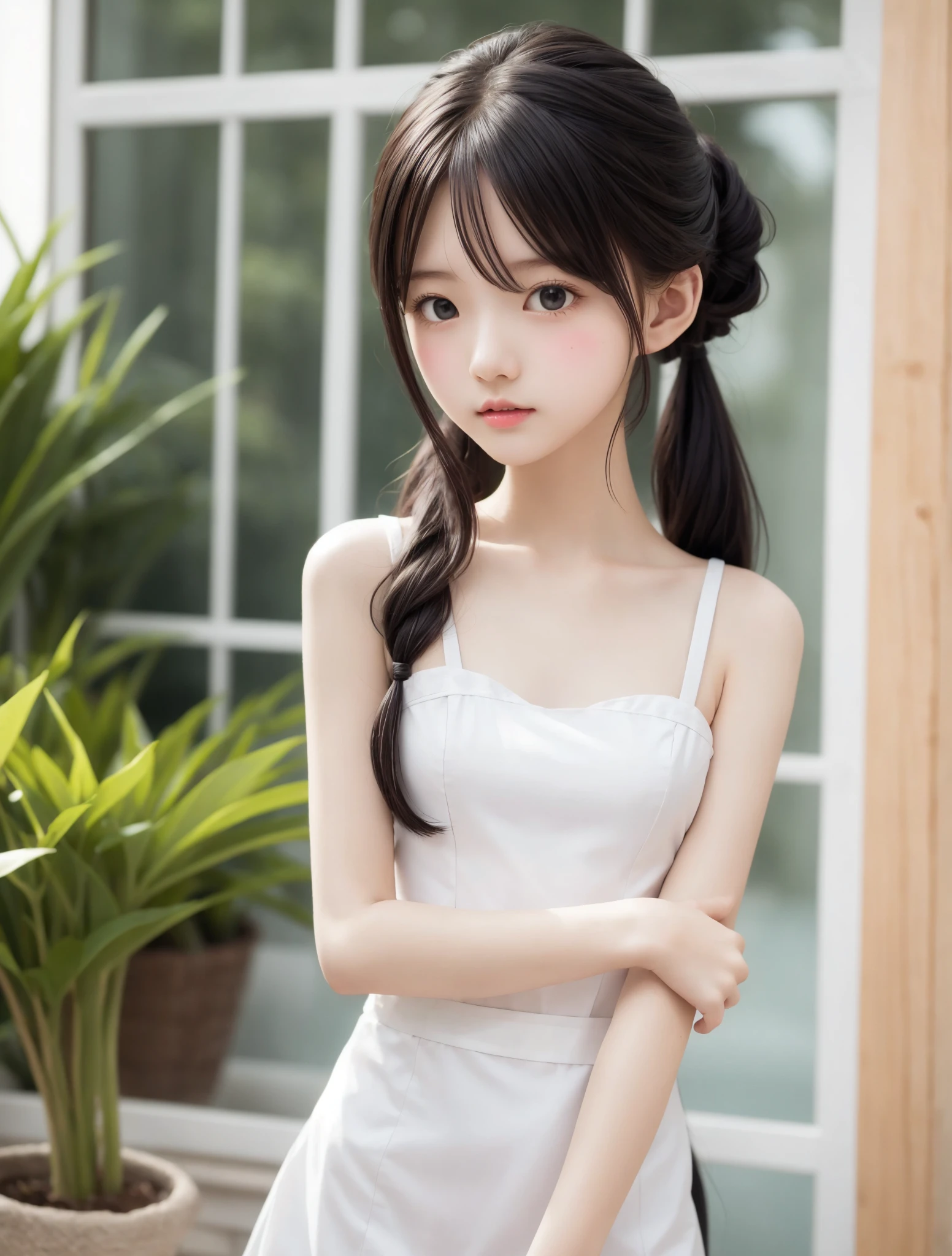 Maid,cute pretty girl,masterpiece,high definition,4k,8k,16k,odango hairstyle,black hair,slender body