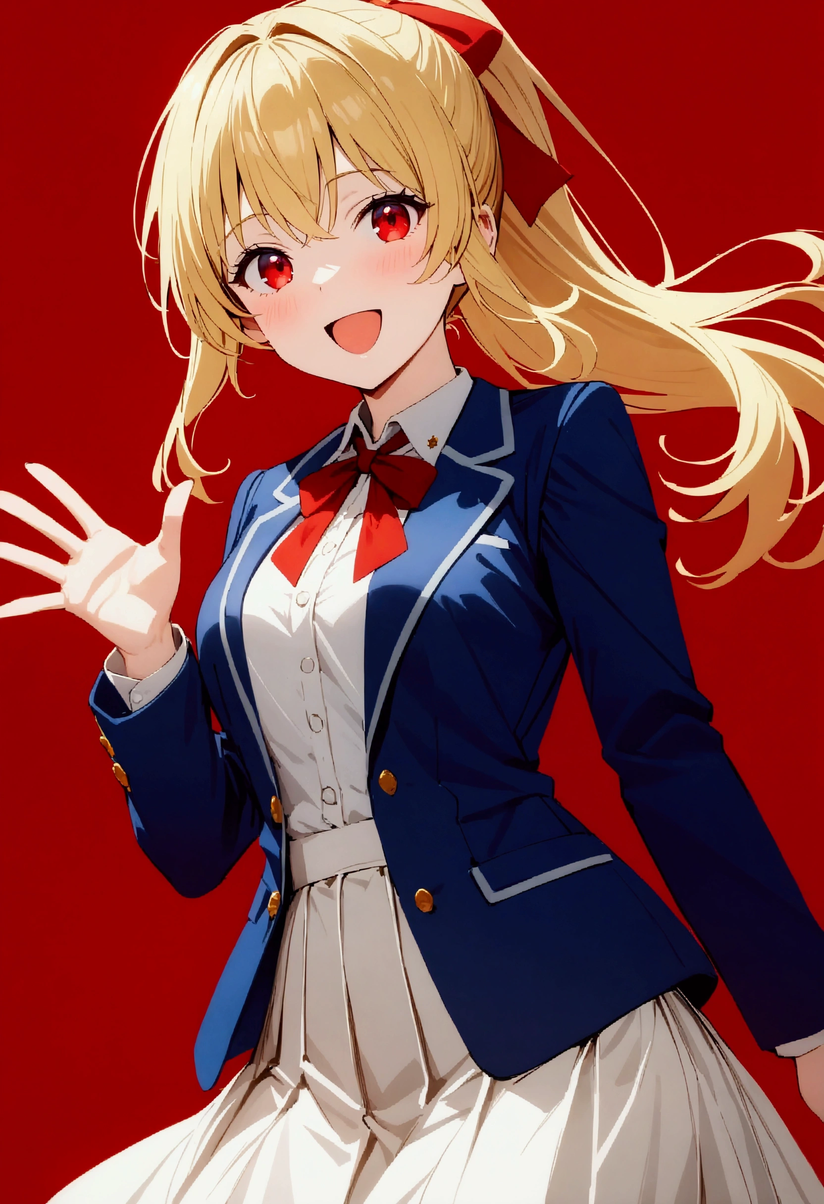 (masterpiece),(absurdres),(4K),(simple bright red background:1.1),(Alone),(20-year-old),(blonde hair:1.0),(shiny red eyes:1.1),(highponytail:0.9),(a little red ribbon;1.0),(long hair:0.8),(middle breast:0.8),(()),(fantasy blue blazer),(white skirt:1.0),(()),open hand,one hand up,smile,open mouth,cowboy shot,