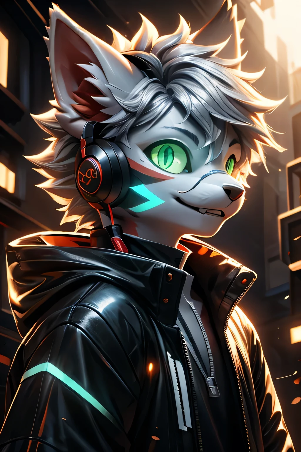 Young werewolf，scarlet fur，  wears a black jacket with neon details，Wear an electronic mask ， wear a gaming headset ，Avatar， facial close-up ， high quality， Mathematical Art ，，High-definition 4K realistic，(( clear structural details )))Show details，  Delicate Eyes ，(Blue-green pupils)((Silvery-white glowing eyes ))，Soft，4K，Excellent quality ，high detail， fine fur ，(( Yellowtail in the right place ))Light blue shirt。Pale ears，Red Hair，whole body，permanent，Small and short mouth，Personification， aggressive 