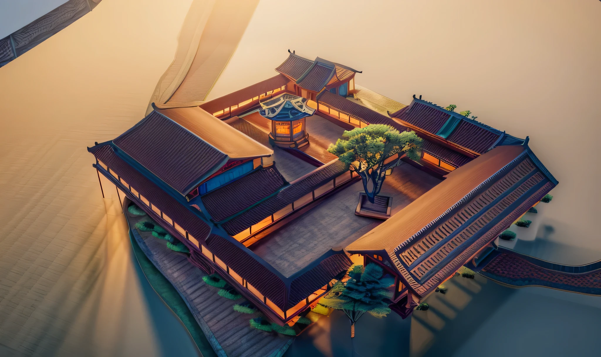 A highly detailed, architectural illustration of an ancient Chinese building, seen from a birds-eye view, photorealistic, ultra-detailed, 8k, best quality, dramatic lighting, warm color tones, intricate architectural details, ornate roofing, lush greenery surrounding the building, atmospheric haze, cinematic composition